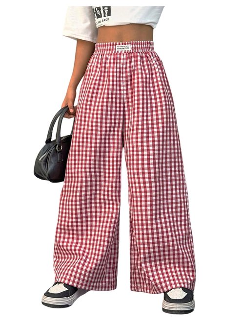 SOLY HUX Girl's Plaid Gingham Baggy Pants Elastic High Waisted Wide Leg Long Pants Trousers Red Plaid 9Y