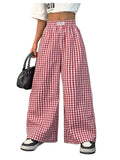 SOLY HUX Girl's Plaid Gingham Baggy Pants Elastic High Waisted Wide Leg Long Pants Trousers Red Plaid 9Y
