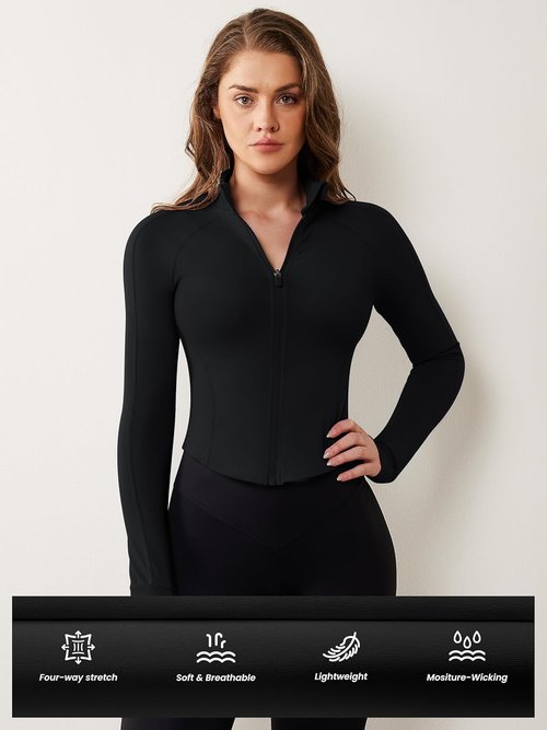 AVGO Women's Lightweight Zip-Up Workout Jacket - Slim Fit Cropped Yoga Top with Thumb Holes