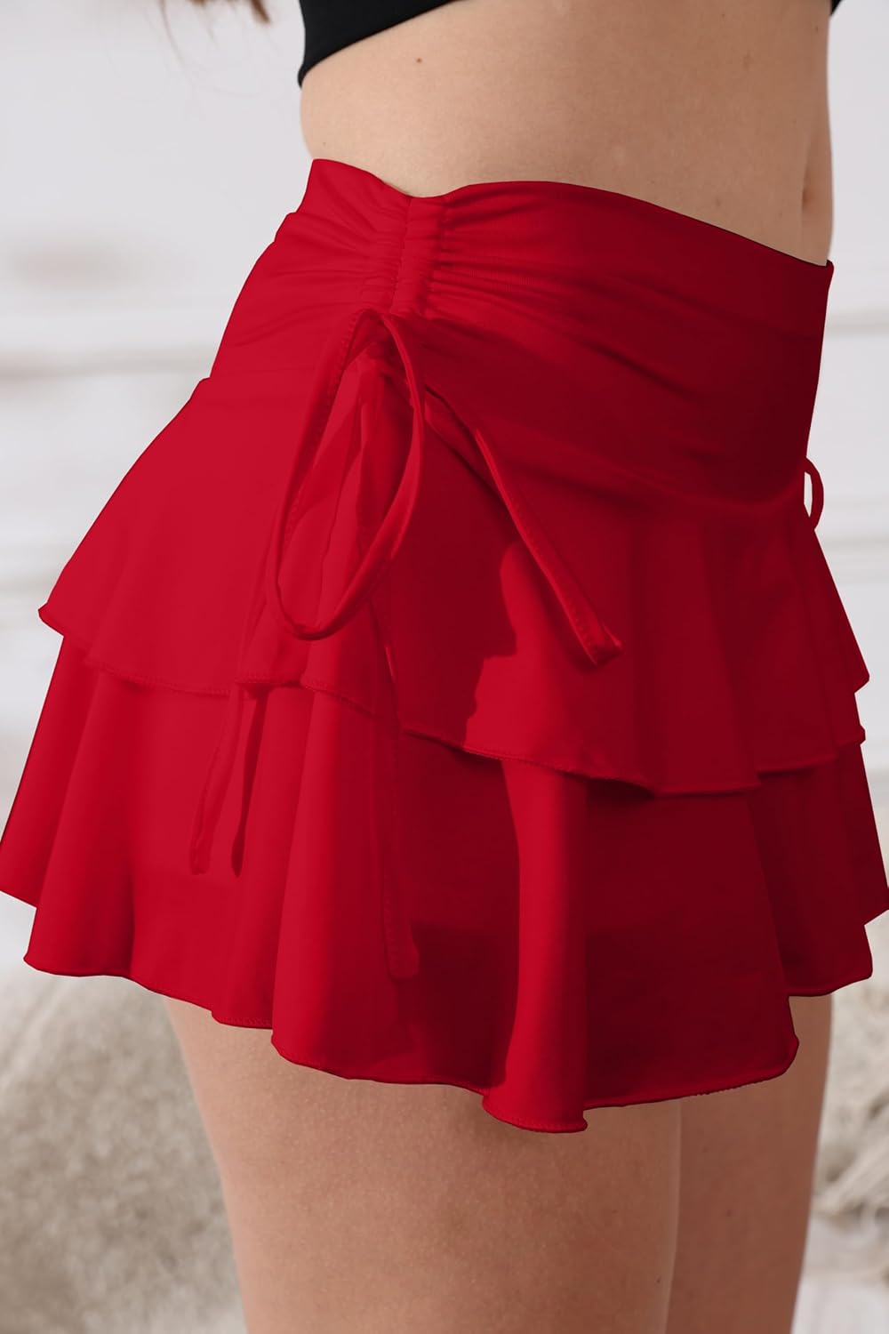 Skiennix Women's Y2K Mini Ruffle Skirt - Cute Tiered Design with Shorts & Elastic Waist | Bow Tie Detail