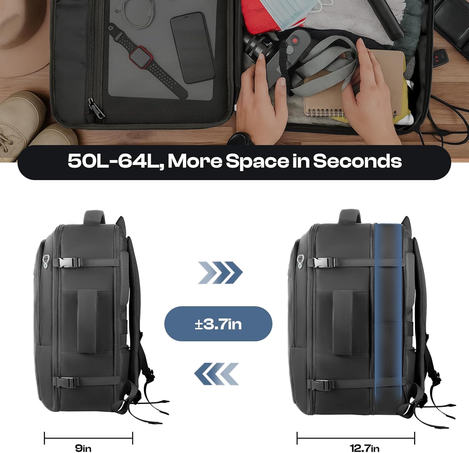 Skiennix Extra Large 55L Carry-On Backpack - TSA Approved, Expandable & Water Resistant for 18.4" Laptops | Black