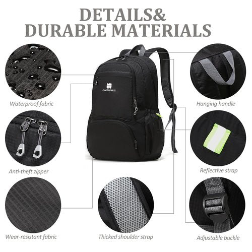 CLANTRILOBITE Lightweight Packable Travel Backpack, 30L Black Daypack Hiking Backpack for Women Men, Waterproof and Foldable, Travel Backpack Carry on Flight Approved