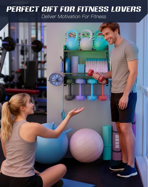 YiiMeeCoo Dumbbell Rack with APP-Controlled LED Lights, Weight Rack for Home Gym Storage, Modern Perforated Wall-Mounted Organizer for Dumbbells, Weight Plates & Accessories, Space Saving