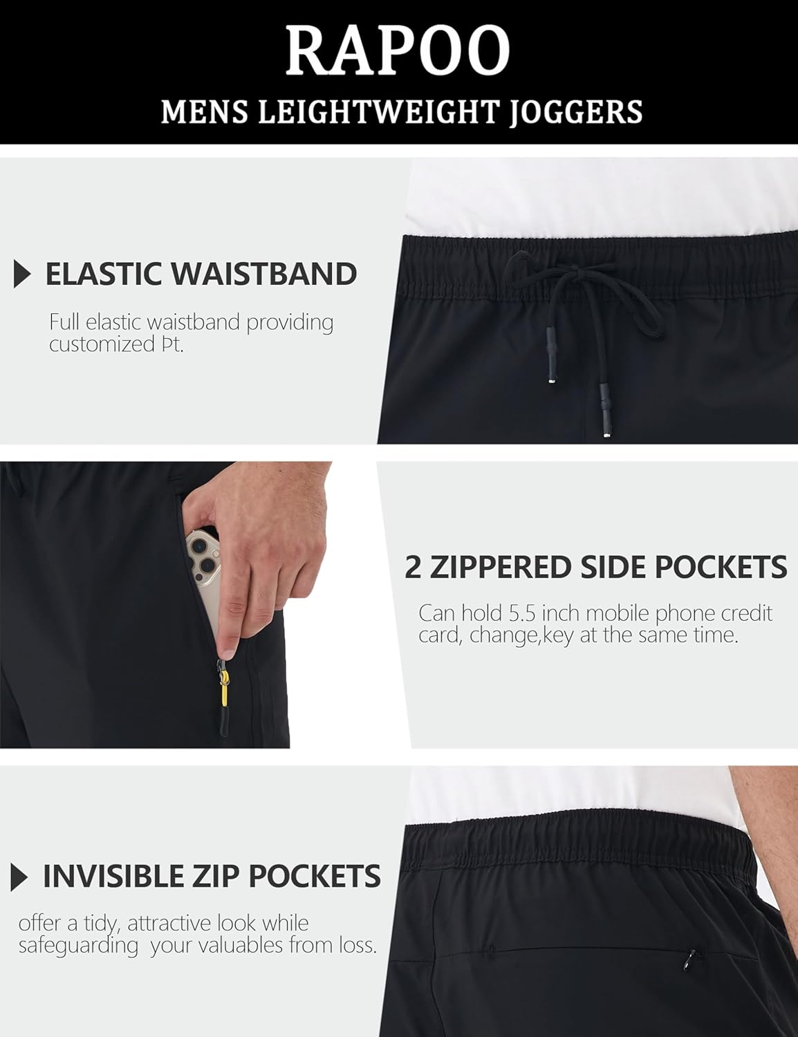 Rapoo Men's Lightweight Hiking Pants - Quick Dry Stretch Joggers for Running & Casual Wear