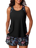 Summer Mae Blouson Tankini Swimsuits for Women 2026 Tummy Control Two Piece Bathing Suits with Sporty Pockets Swim Shorts Black Paisley Size 12