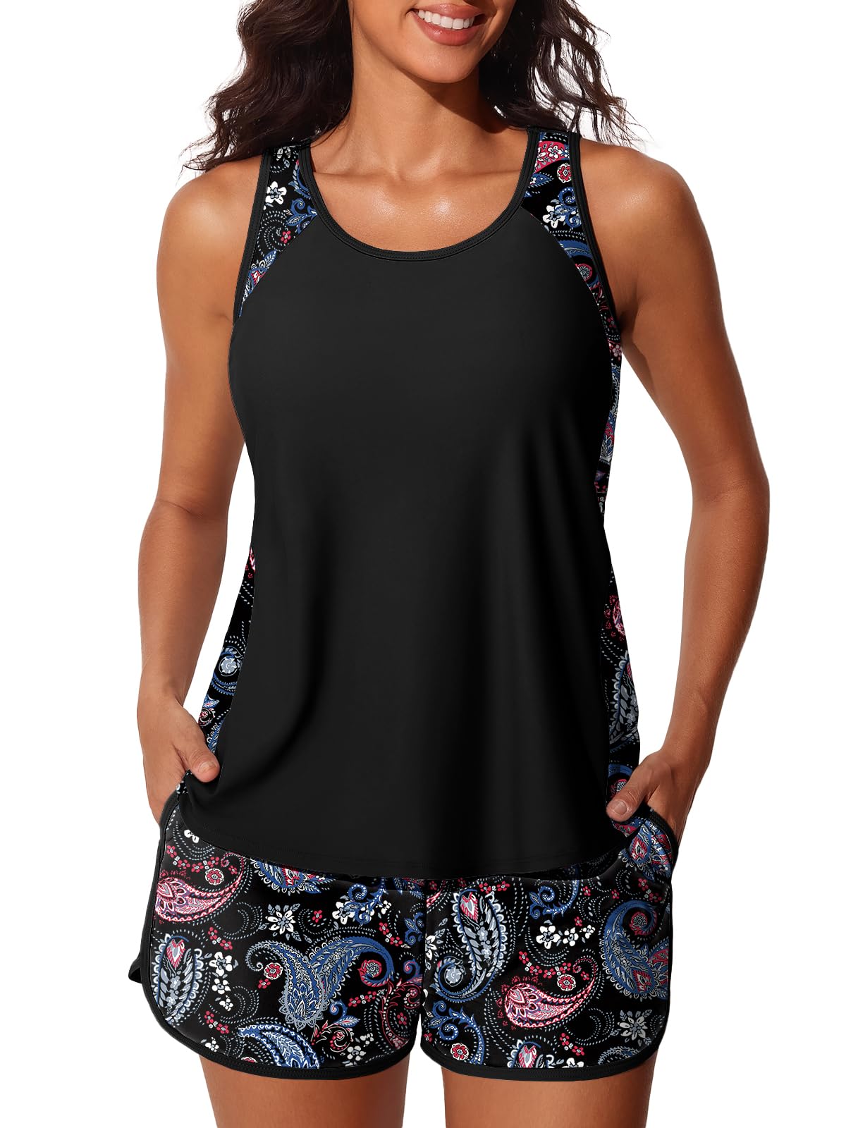 Summer Mae Blouson Tankini Swimsuits for Women 2026 Tummy Control Two Piece Bathing Suits with Sporty Pockets Swim Shorts Black Paisley Size 12