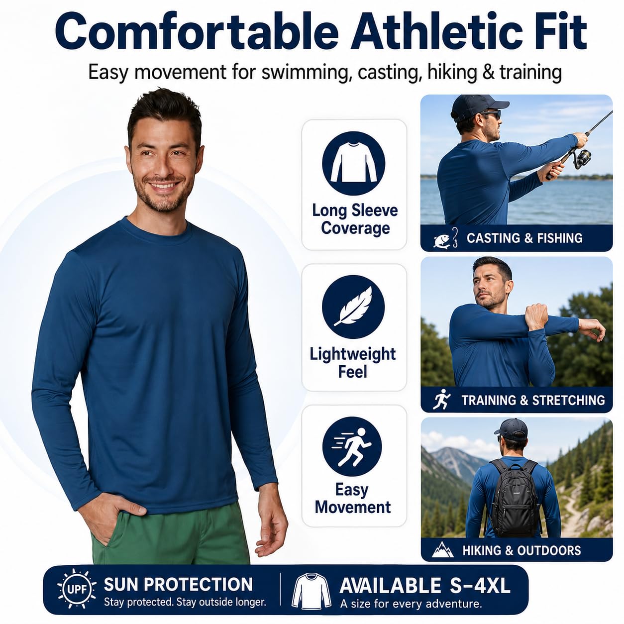 INGEAR Men's UPF 50+ Long Sleeve Sun Shirt, Swim Shirts for Men, Rash Guard, Quick Dry Fishing Shirt, UV Protection Swim Shirt White