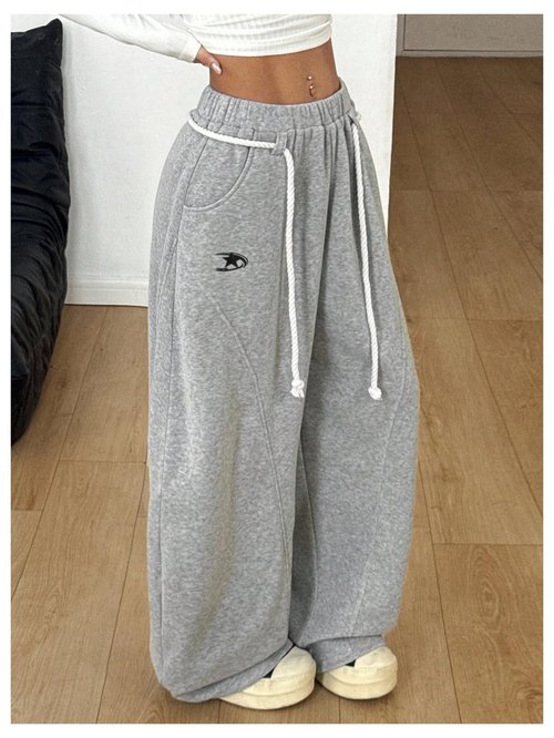BEAUDRM Women's Baggy Barrel Sweatpants Stacked Elastic Waist Wide Leg Sweat Track Pants Lantern Trouser with Pockets Light Grey Large