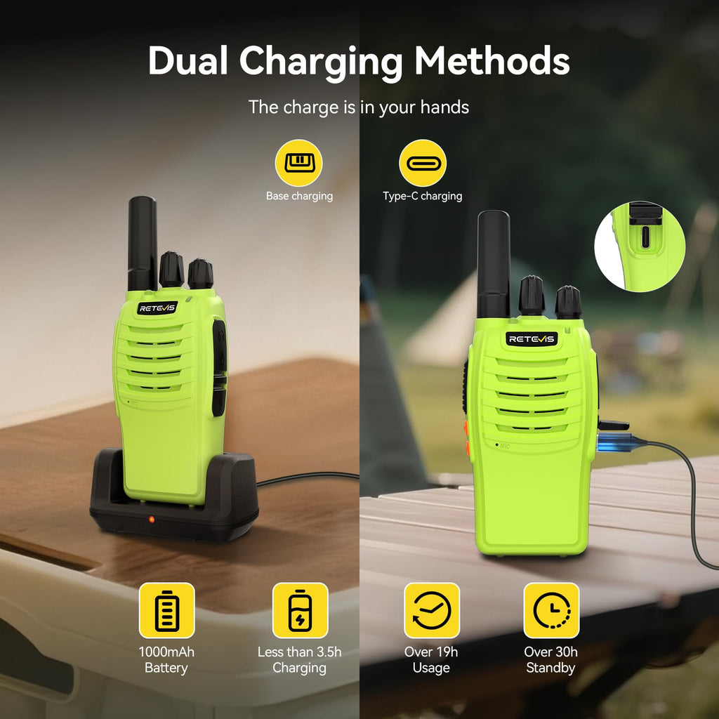 Retevis H-777 Walkie Talkies, Portable FRS Two way Radios Long Range, VOX Handsfree, Rechargeable Walkie Talkies for Adults, Li-ion Battery and Charger Base for Traveling Biking Camping Hiking(1 Pair)