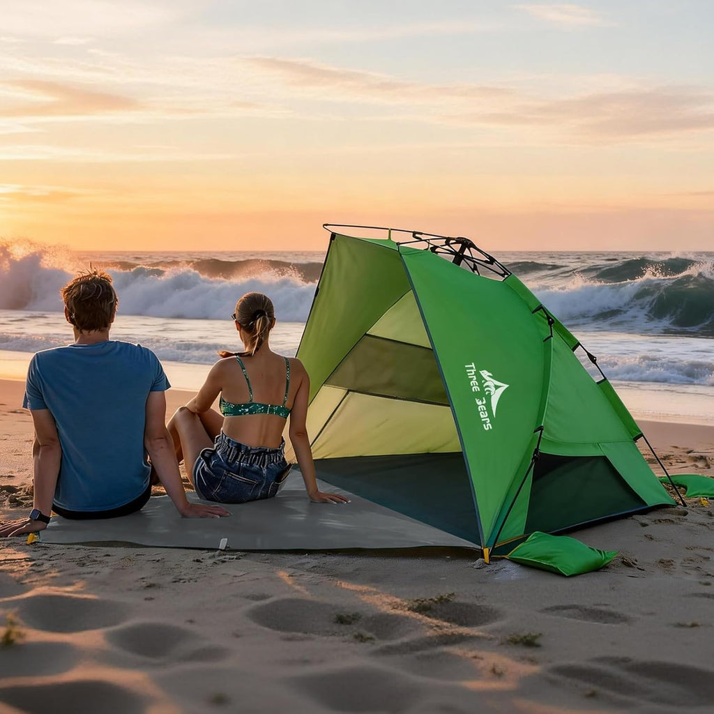 Three Bears Pop Up Beach Tent - Lightweight UV Protection Shelter for 3-4 People | Easy Setup, Green