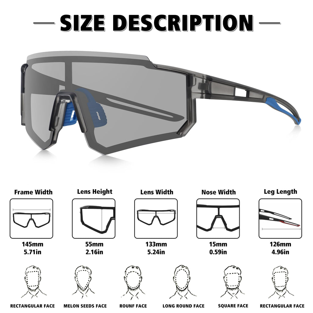 STORYCOAST Polarized Sports Sunglasses for Men Women,Driving Fishing Cycling Mountain Bike Sunglasses UV400 Protection Clear Gray Frame-photochromic Lens