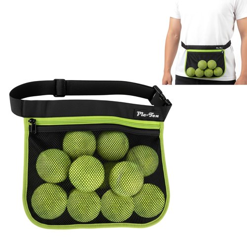 Pic-Ten Adjustable Pickleball & Tennis Ball Holder Waist Pouch - Mesh Hip Bag Carrier for Men, Women, Teens - Holds 10-12 Tennis or Pickleball for Cycling, Golf