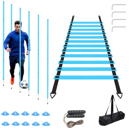 ZEMBSOYA Soccer Training Poles Set, 6 Soccer Poles, Ladder, 10 Soccer Cones, 1 Jump Rope for Soccer Speed and Training（Blue）