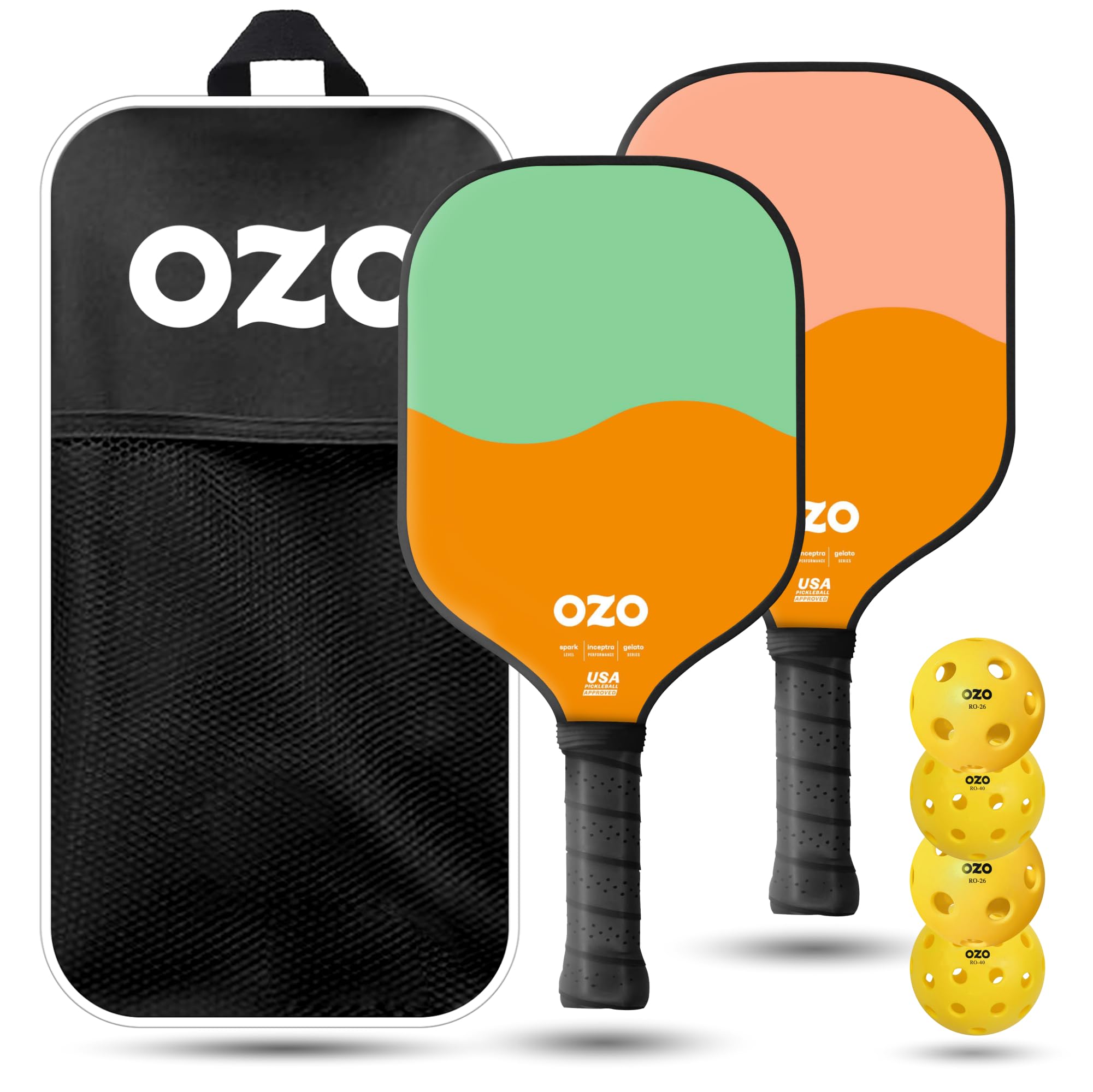 OZO Pickleball - Set of 2 Paddles + 4 Balls - Spark Inceptra Gelato (Beginner Control) +Indoor & Outdoor Balls + Carrying Bag