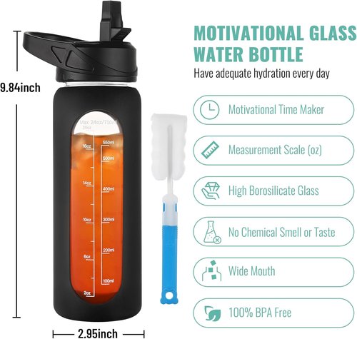CIVAGO 24 oz Motivational Glass Water Bottle - Leakproof with Straw & Handle | Army Green