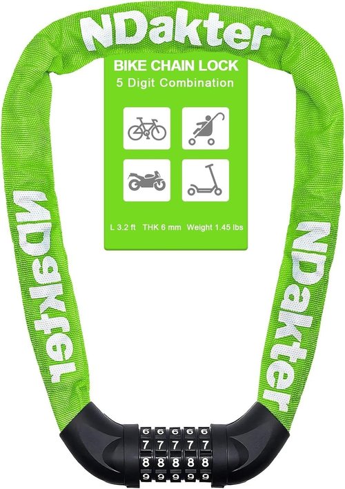 NDakter Heavy-Duty Bike Lock - 5-Digit Combination Anti-Theft Chain Lock | 2.62 to 6 Ft Length, High Security