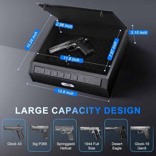 Biometric Gun Safe - Quick Access Fingerprint Pistol Safe for 2 Handguns | Silent Mode, LED Light & Steel Cable