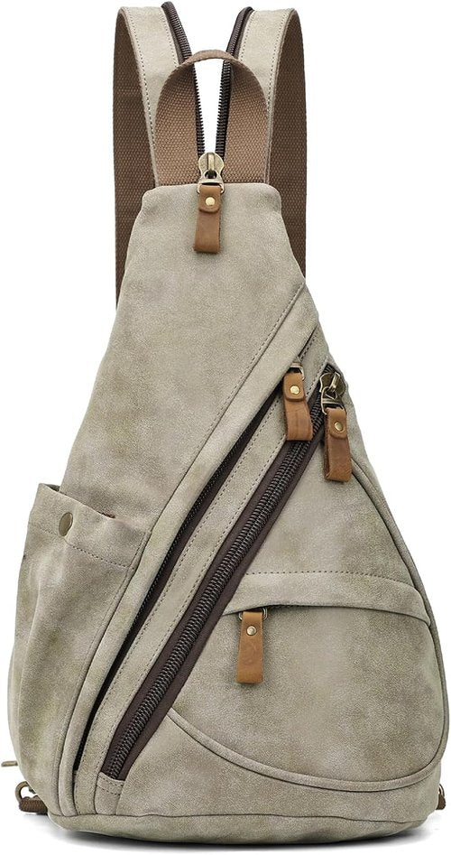 KL928 PU Leather Sling Bag - Stylish Olive Green Crossbody Backpack for Men & Women