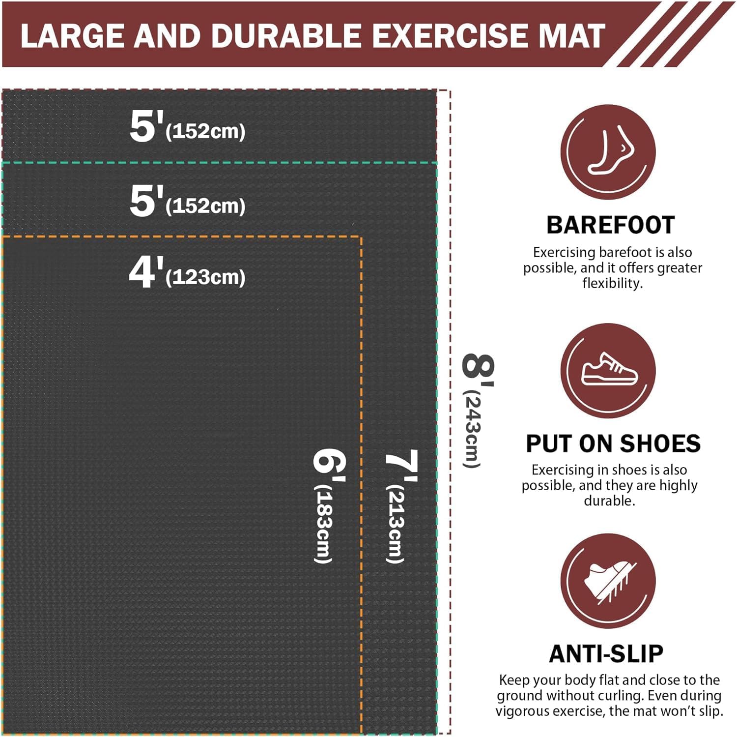 Stepwaver Extra Large Exercise Mat - Non-Slip, Ultra Durable Workout Mat for Home Gym | 6'x4', 7'x5', 8'x5'