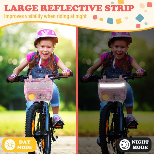 Kids Bike Scooter Front Mount Bike Basket, Pink Cute Fabric Children's Bike Rack Basket Handlebar Bag, with Adjustable Shoulder, with Reflective Safety Straps, for Bicycle Accessories Fit Most Girls