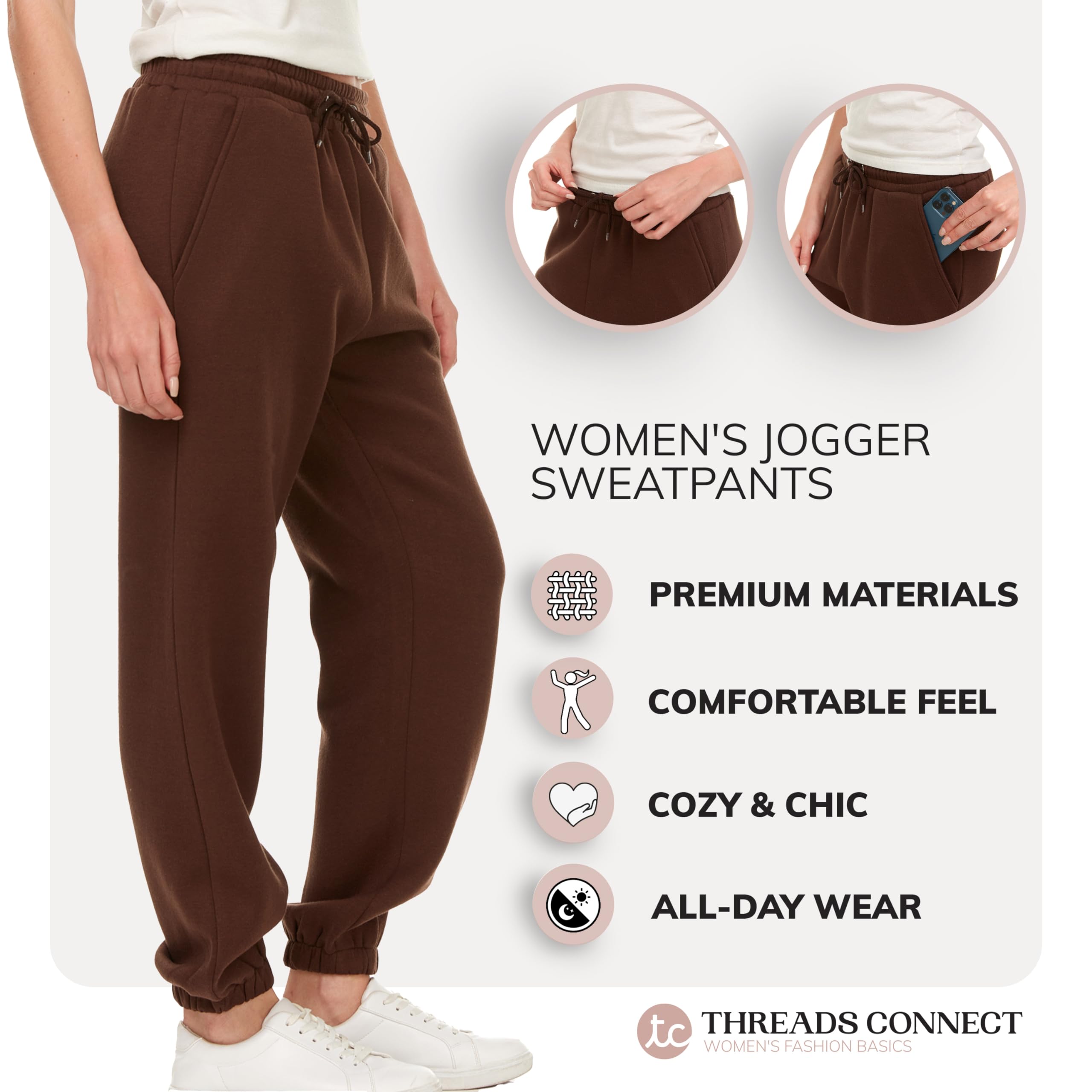 Sweatpants for Women - Closed Cinch Bottom Fleece Lounge Womens Plus Size Joggers Brown