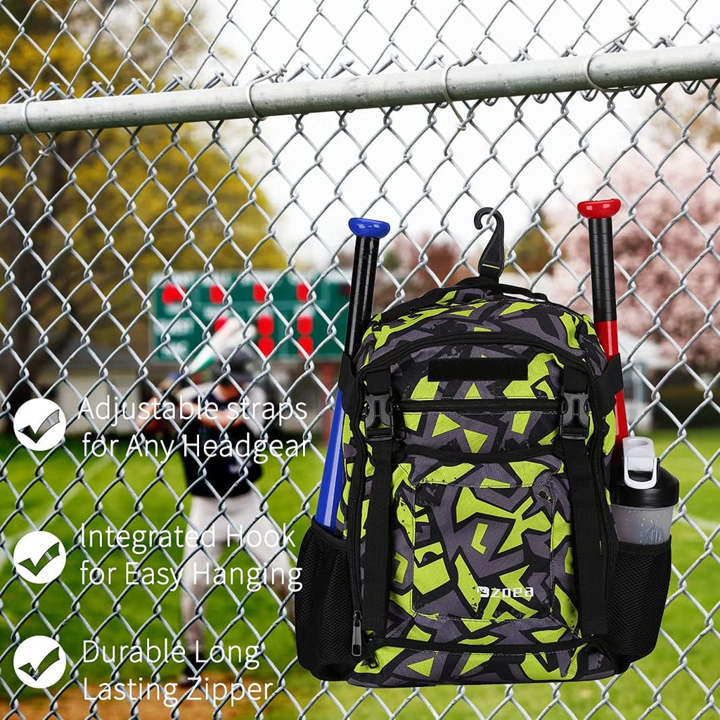 ZOEA Youth Baseball Bat Bag - Large Capacity Backpack for T-Ball & Softball Gear | Holds 2 Bats, Helmet & More