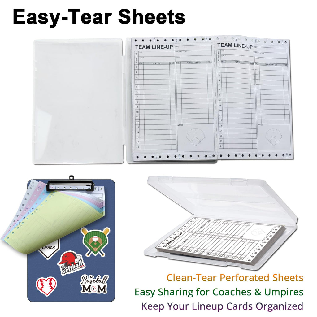 Personalized Baseball & Softball Lineup Cards for 35 Games Softball with 17 Player Roster 4-Part Form Copy with Writing Clipboard Storage Box Personalized Stickers and Loose Leaf Binder Ring