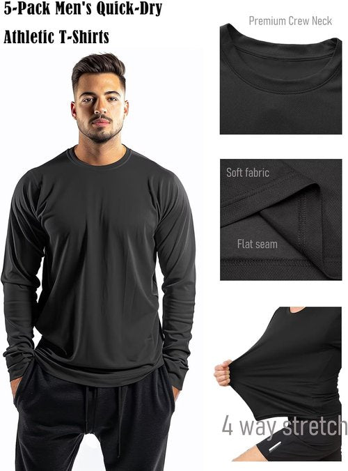 5 Pack Mens Long Sleeve Quick Dry Active Athletic T Shirt Running Gym Workout Tee Tops