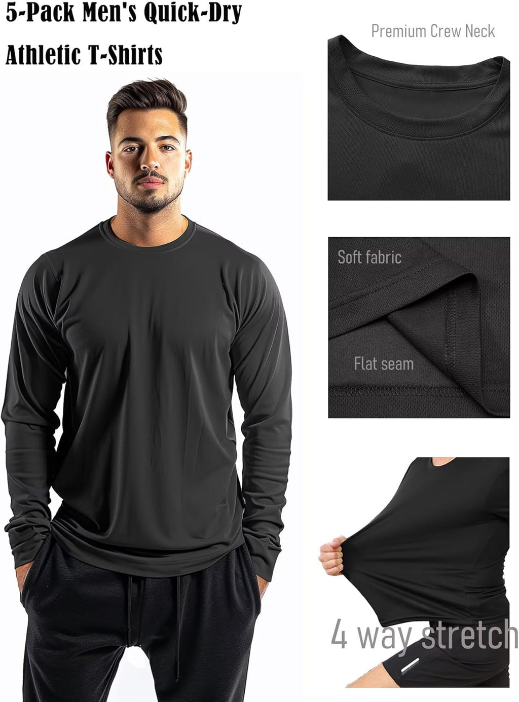 Skiennix Men's Long Sleeve Quick-Dry Athletic T-Shirts - 5 Pack for Gym & Running