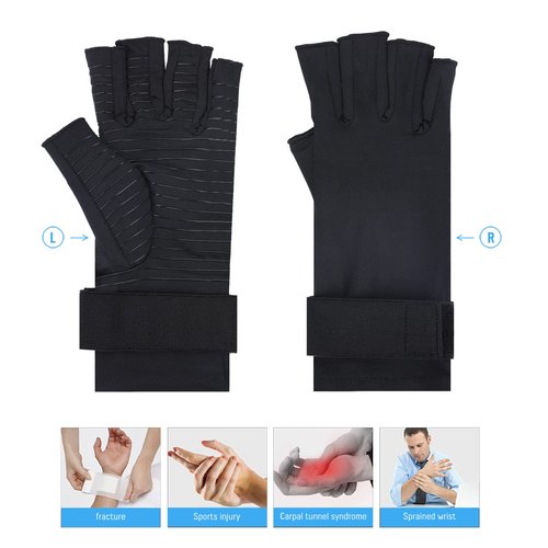 Tikaton Copper Infused Compression Arthritis Gloves with Wrist Strap for Hand Pain, Carpal Tunnel, Tendonitis, Swelling, Crocheting, Typing, Fits Women & Men (Small/Medium, 1 Pair)