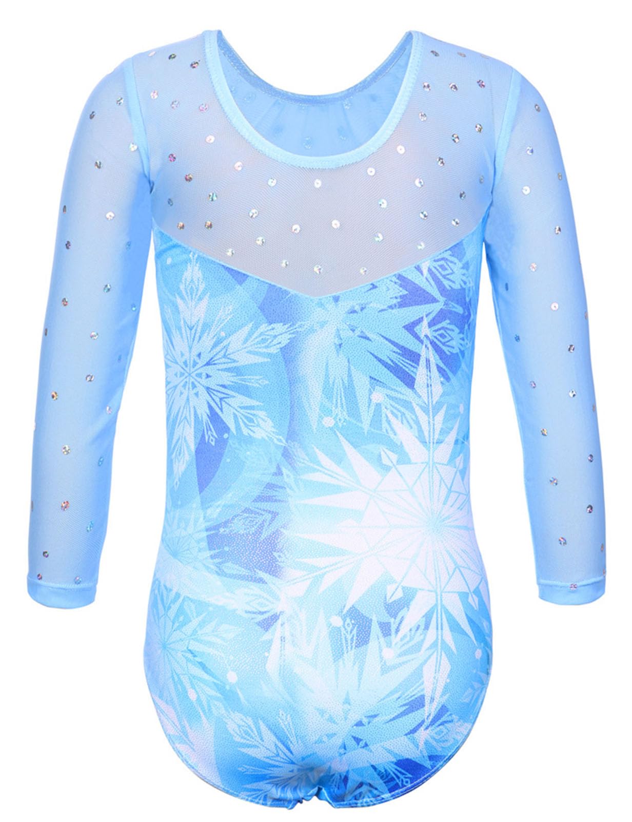 TFJH E Girls Gymnastics Leotard 3/4 Sleeve Metallic Sequin Mesh Dance Practice Outfit, Snowflake Blue, Size 5-6Y