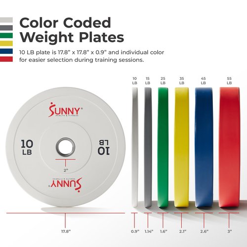 Sunny Health & Fitness Elite 2-Inch Rubber Olympic Bumper Weight Plate 10, 15, 25, 35, 45 & 55 LB w/ Steel Hub for Home Gym, Body Building, Strength Training, Barbell, Deadlifts, Weightlifting 10 POund (Pair) - SF-OP01-10