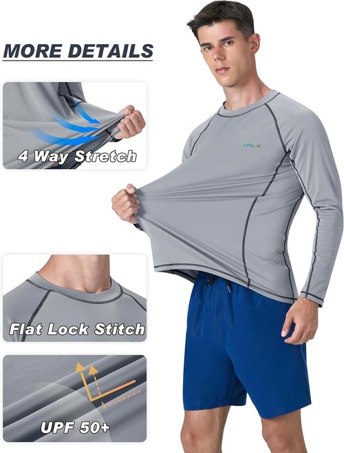 KPSUN Men's Swim Shirt - UPF 50+ Long Sleeve Rash Guard for UV Protection | Quick Dry Fishing Tee
