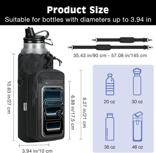 MoKo Magnetic Gym Bag - Water Bottle Holder with Clear Phone Pouch | Built-in 4 Magnets, Black