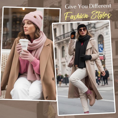 Womens Winter Warm Beanie Hats Gloves Scarf Headband Set for Women Soft Fleece Lined Ear Warmer Knit Scarf Touch Screen Gloves 4 Set Winter Gifts