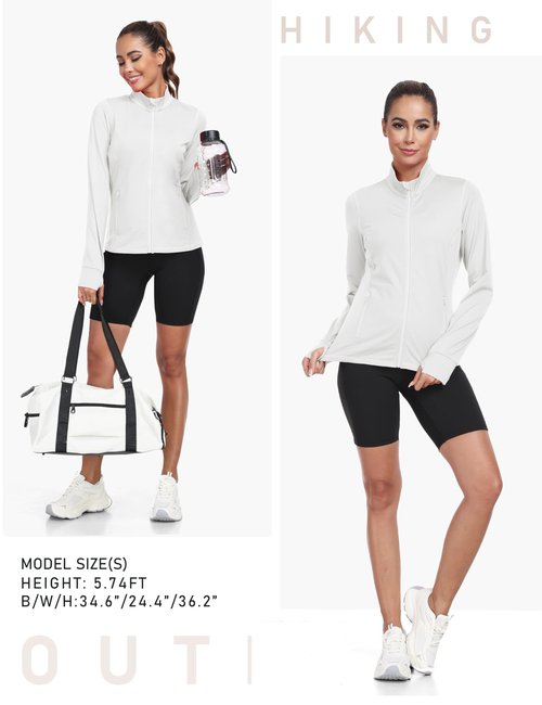 MoFiz Womens Full Zipper Running Jackets Stand Collar Slimming Gym Yoga Tops Long Sleeve Sportwear with Thumb Holes White L
