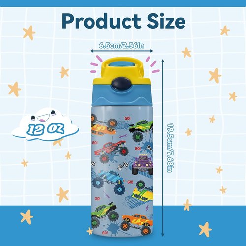 Monster Truck | 12 oz Kids Water Bottle - Insulated, Leak-Proof, BPA-Free with Straw & Handle