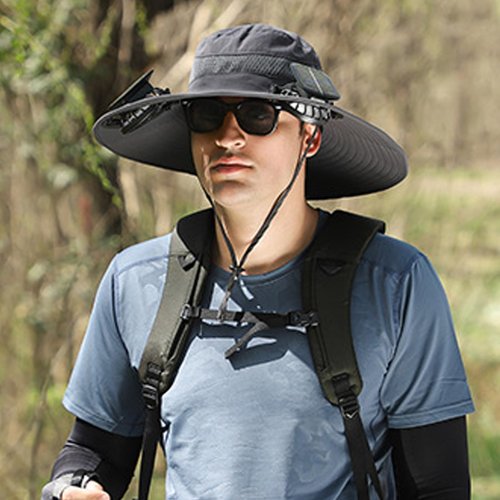 Pureadee Men's Wide Brim Solar Fan Outdoor Fishing Hat in Grey - includes 2 Solar Fans, Medium, Black