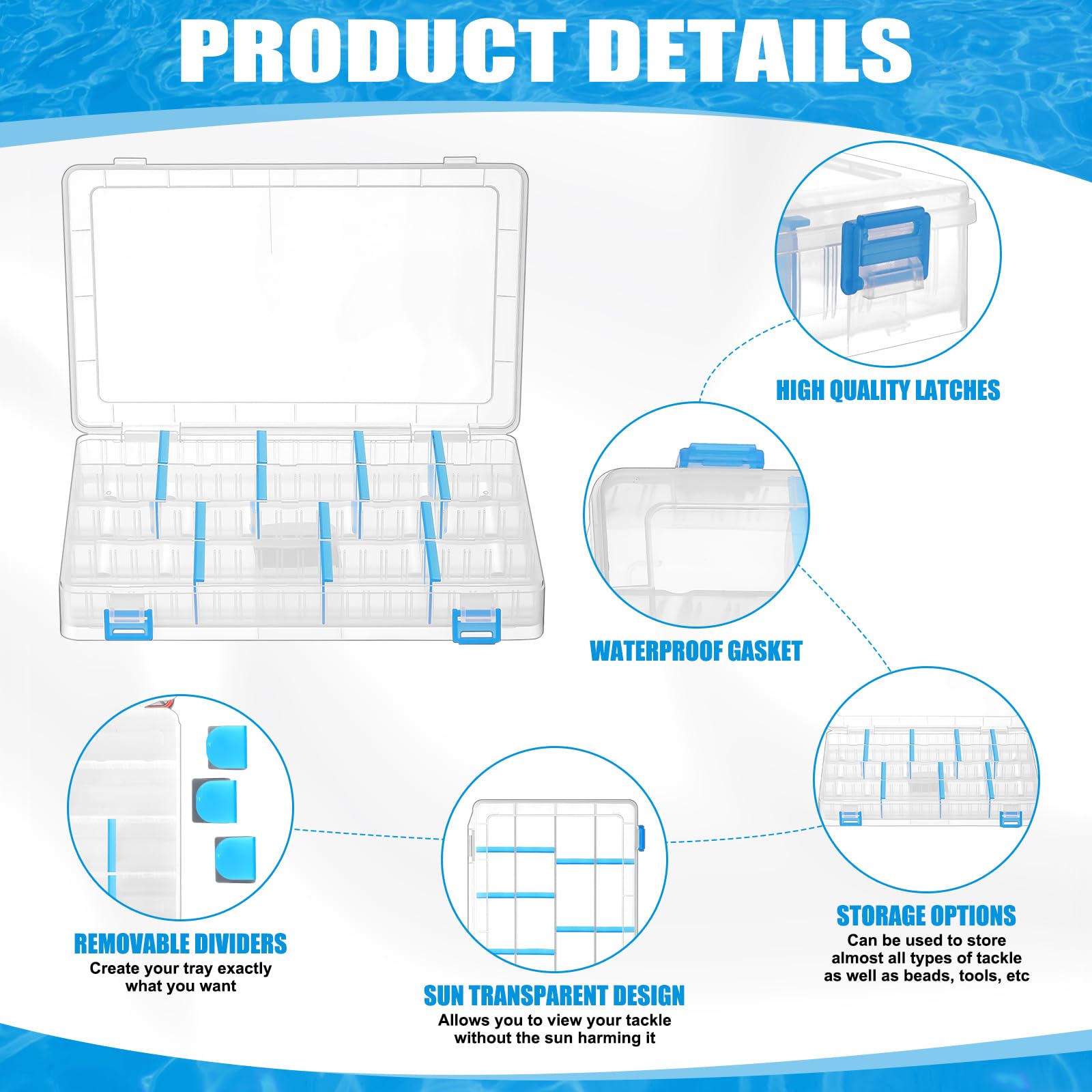 Wonderjune 6 Pack 3600 Tackle Boxes Fishing Tackle Trays with Removable Dividers Waterproof Plastic Fishing Lure Clear Organizer Box Storage Trays for Bait Lure Parts Bead Small Tools