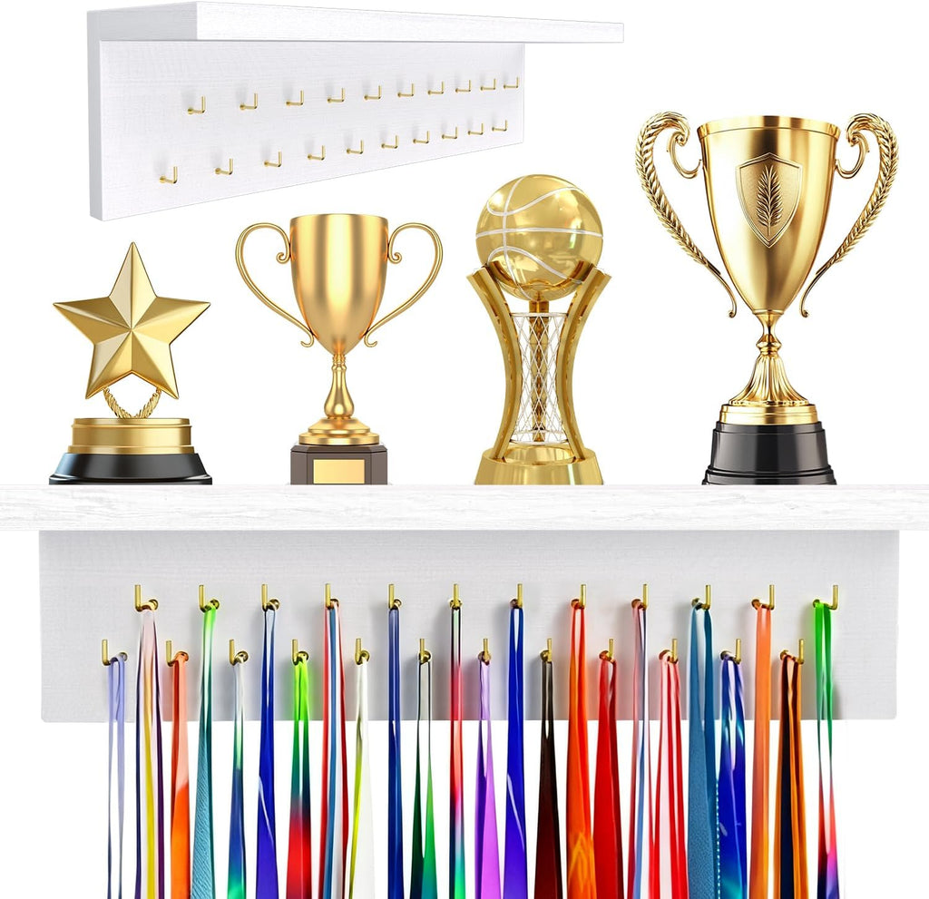 Wooden Medal Hanger Display - Sturdy 19 Hooks Trophy Shelf for Gymnastics, Soccer, Running Awards