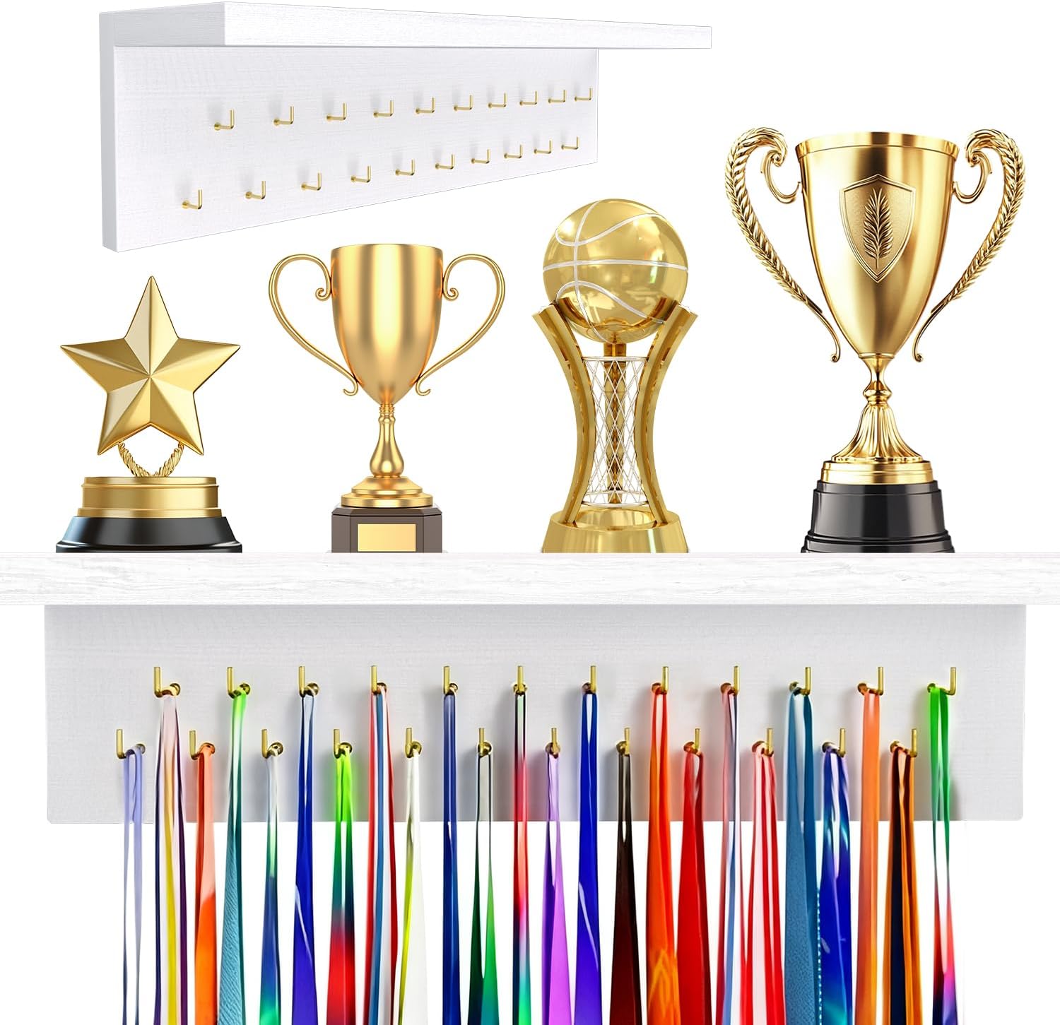 Wooden Medal Hanger Display - Sturdy 19 Hooks Trophy Shelf for Gymnastics, Soccer, Running Awards