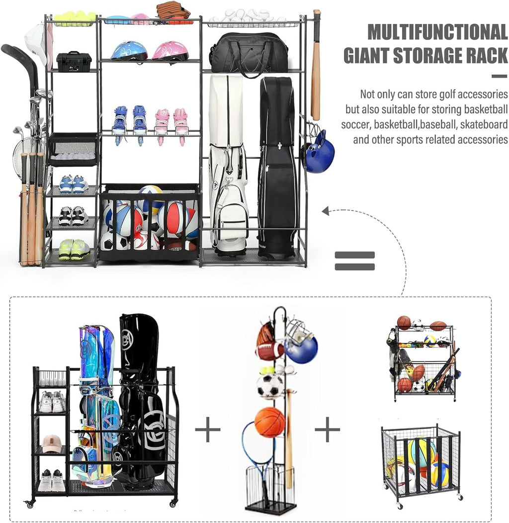 Skiennix Large Garage Sports Equipment Organizer - Upgraded Rack with Holder & Hooks for Balls | Indoor/Outdoor Basketball Storage