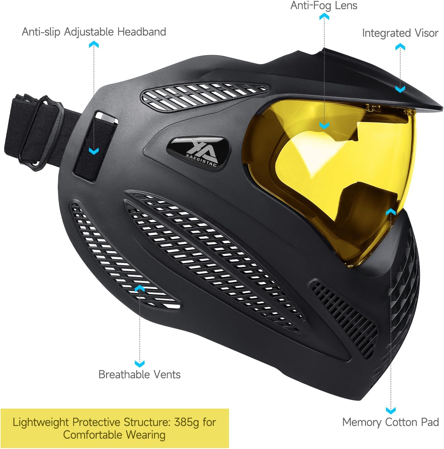 Xaegistac Paintball Mask - Integrated Sun Visor, Anti-Fog Design & Adjustable Headband | Wide Field of View