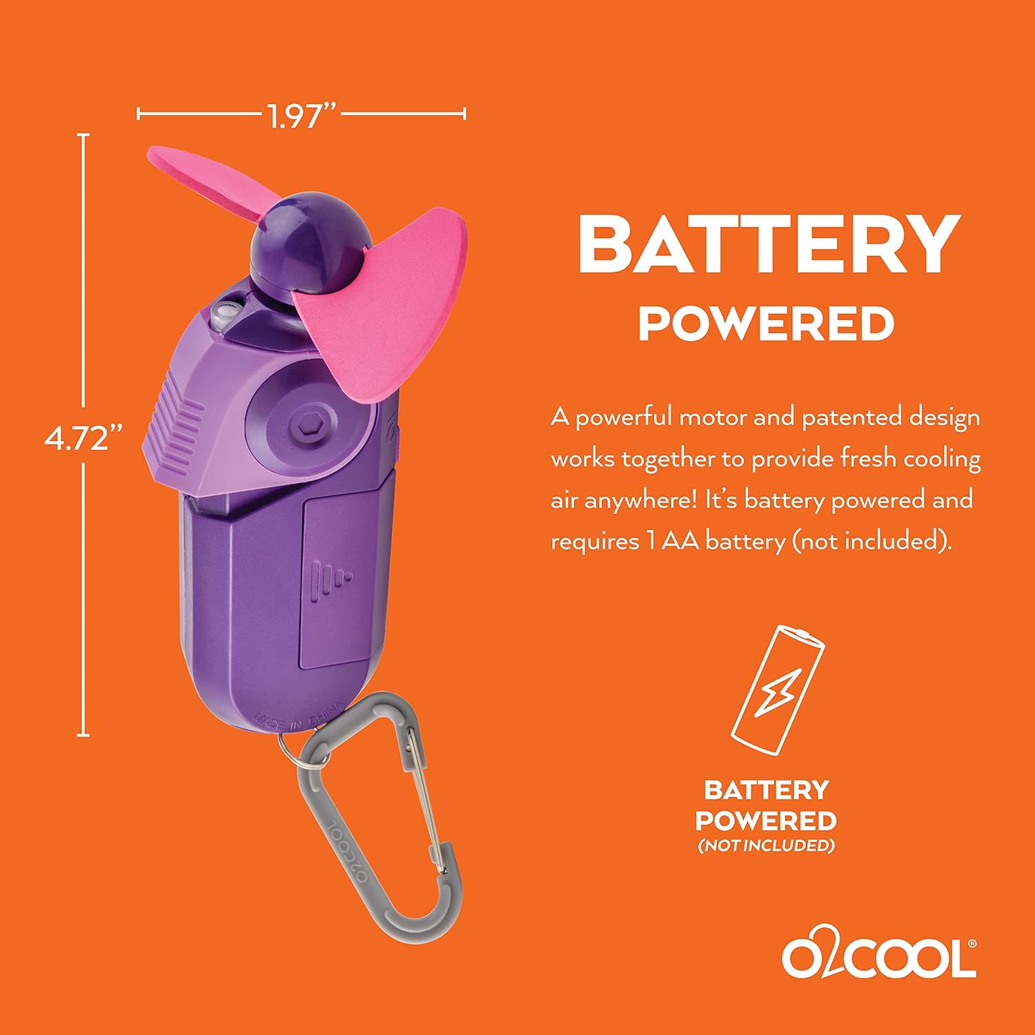 O2COOL Keychain Sport Misting Fan - Portable Battery-Powered Handheld Fan with Carabiner Clip | Purple