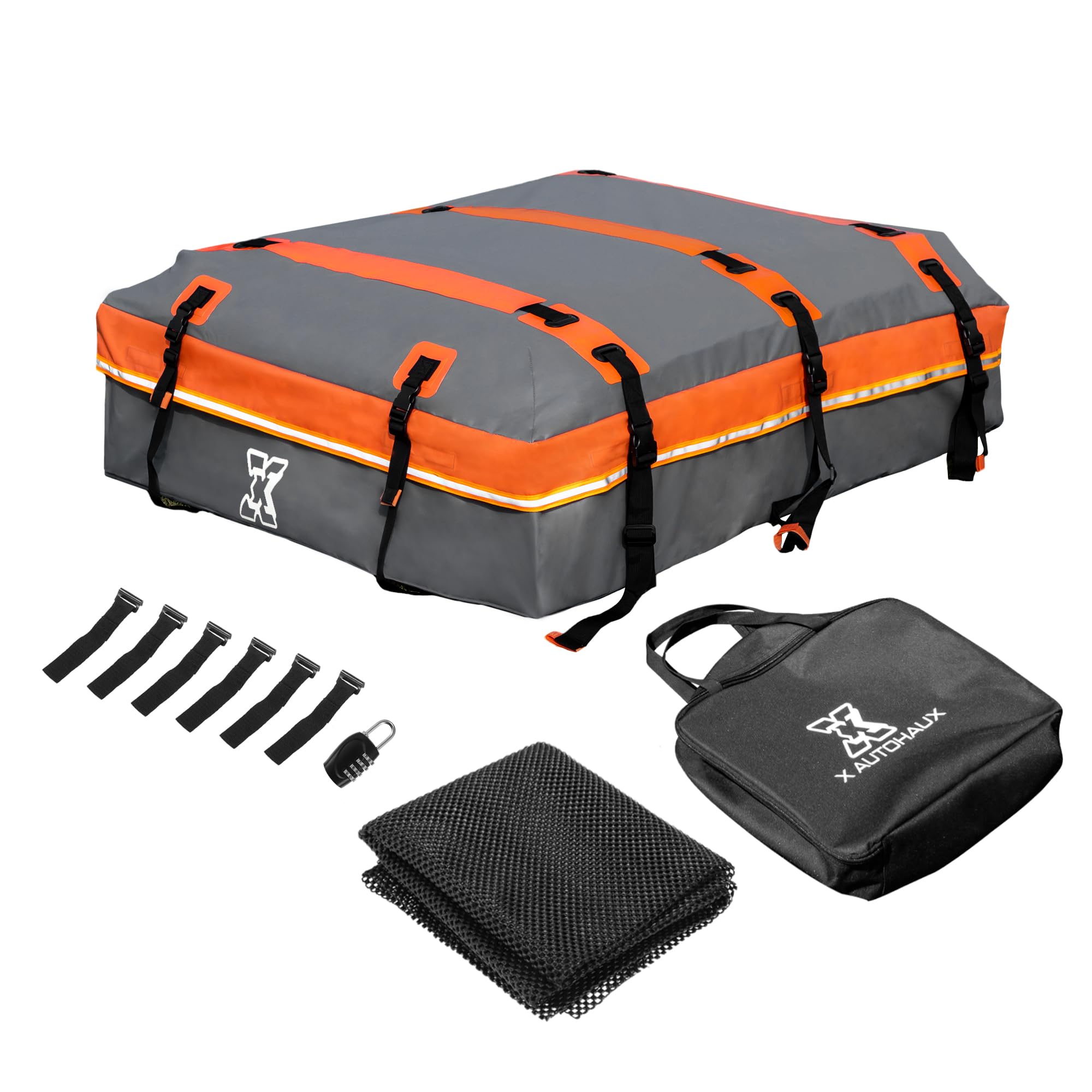 X AUTOHAUX 1000D PVC Waterproof Car Roof Bag Rooftop Cargo Carrier Bag Luggage Carriers for Cars with or without Rack Anti-Slip Mat 6 Door Hooks Set Gray - 15 Cubic Feet
