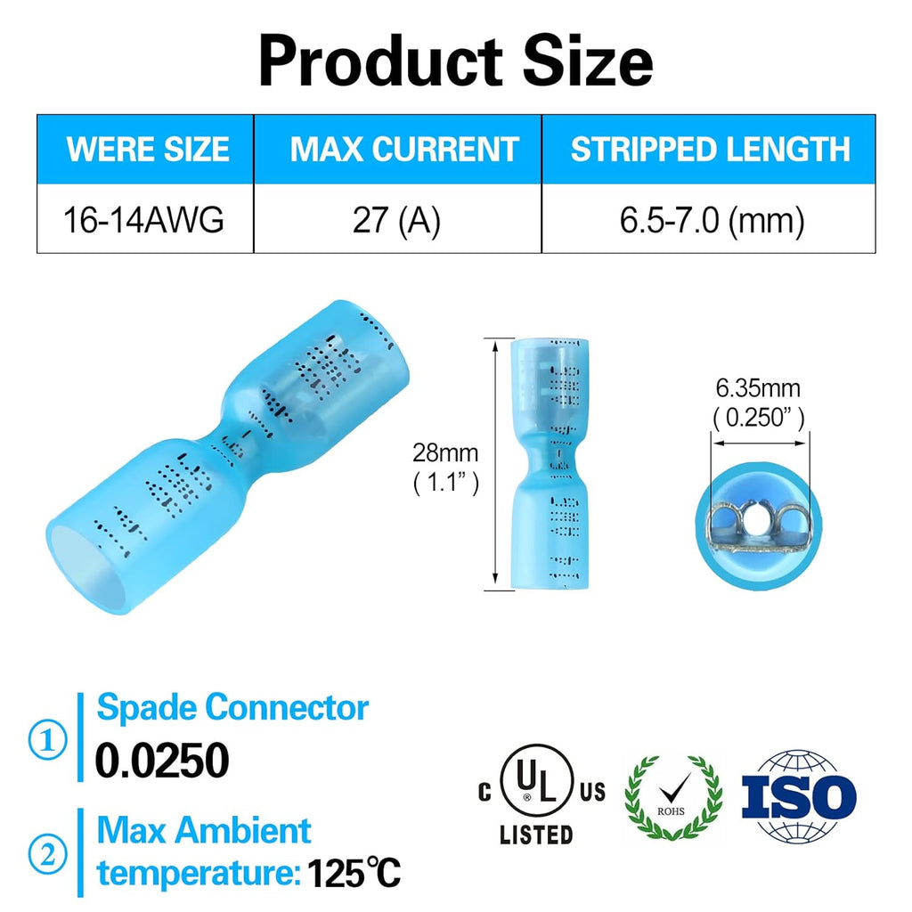 Skiennix Waterproof Heat Shrink Quick Disconnect Connectors - 100 PCS Female Spade Connectors for Marine & Automotive (Blue)