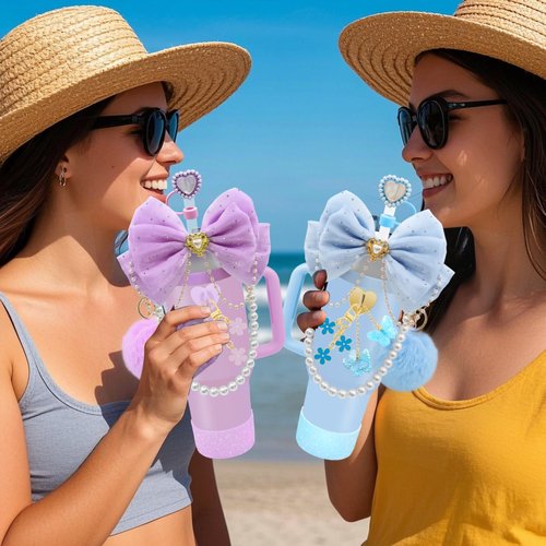 LBU Bling Stanley Cup Accessories for 40/30/20 oz Tumbler with Handle Including Glitter Bow Straw Topper, Heart Straw Cover, Pearl Water Bottle Handle Strap, Boot, Pom-Pom, Keychain Charms(Purple)