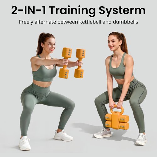 2-in-1 Adjustable Dumbbells & Kettlebell Set, 4 Levels Weight Quick Change(2.2 3.3 4.4 5.5 lbs), for Women Home Gym Exercise Training, with Complimentary Non-slip Touch Fastener, Yellow.