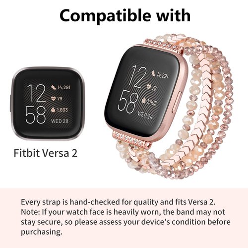 CAGOS Bracelet Compatible with Fitbit Versa 1/2/Versa Lite for Women, Handmade Beaded Elastic Replacement Wristband for Versa 2/1/Lite Watch/Special Edition Watch Rose Gold