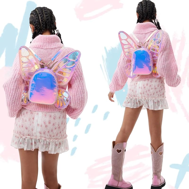 Women's Laser Holographic Backpack with Butterfly Angel Wings - Variation: Laser Pink